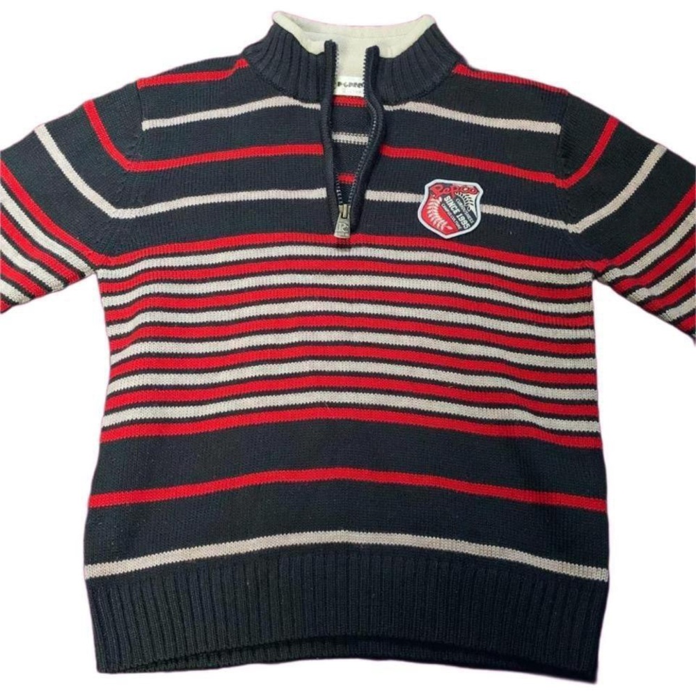 Collared Navy Blue and Red Striped Quarter-Zip Turtleneck Sweatshirt